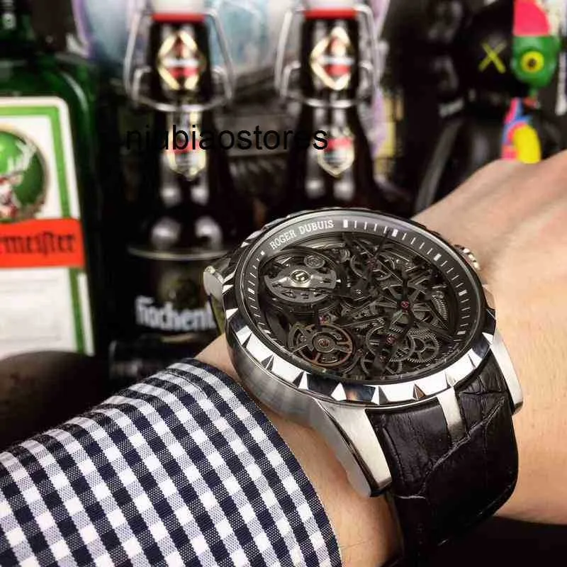 Relógios para homens Excalibur automático de luxo com corrente de movimento, pulseira de borracha de 46 mm com rodas voadoras duplas, tecnologia perfurada para alcançar KKZS