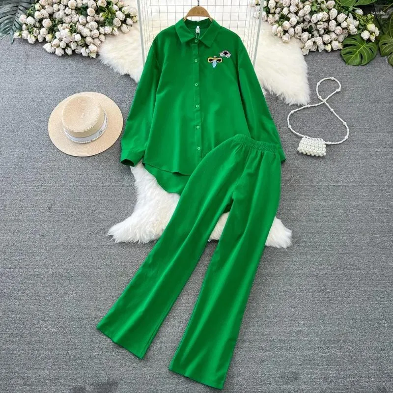 Pantalon de deux pièces pour femmes SuperAen Ensemble de mode coréenne à manches longues en vrac simple boutonnage chemise irrégulière décontractée taille haute pantalon droit