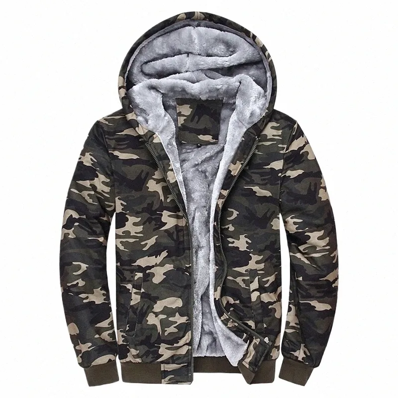 Mäns zip up hoodie camoue tungvikt vinter tröja fleece sherpa fodrad varm jacka 94f7#