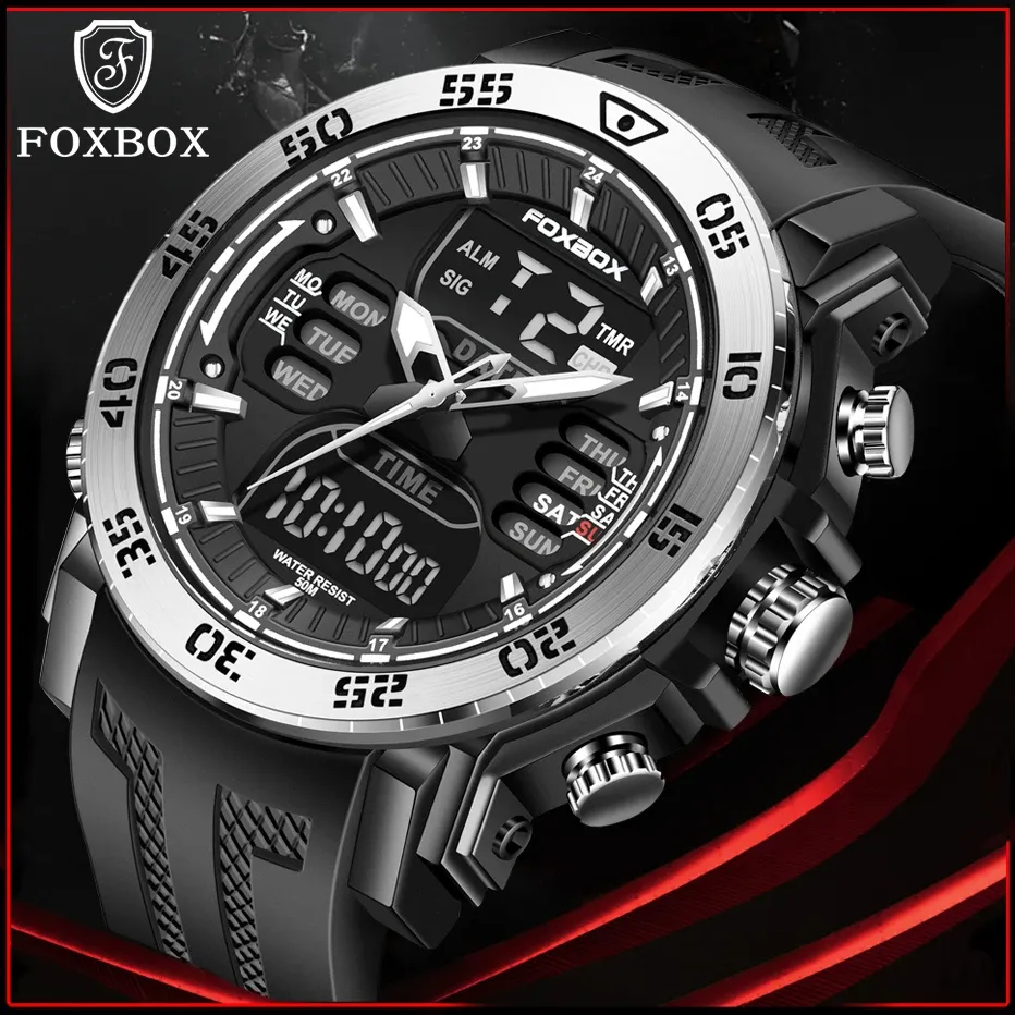 Boormachine Lige Mężczyźni Watch Foxbox Dual Dual Down Digital Quartz Clock Wojskowy Sport Silikonowy pasek Wodoodporny zegarek dla mężczyzn