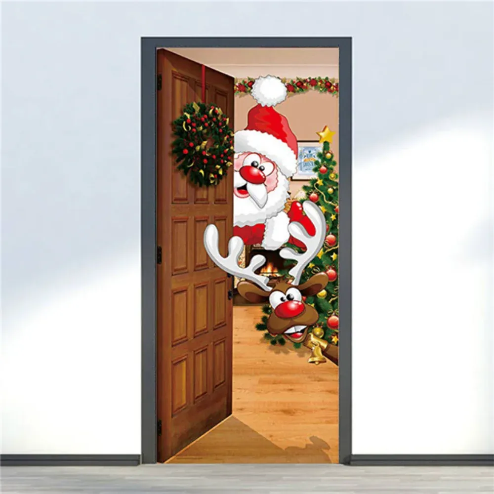 Pegatinas de puerta de Papá Noel, papel tapiz de Feliz Navidad, dormitorio, sala de estar, decoración navideña, mural autoadhesivo de alce de dibujos animados, póster de PVC