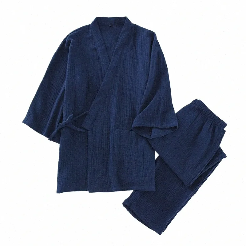 Outono estilo japonês kimo cardigan calças 2 pçs conjunto pijamas masculinos cott de alta qualidade casa terno robe sleepwear diário casual z7g0 #