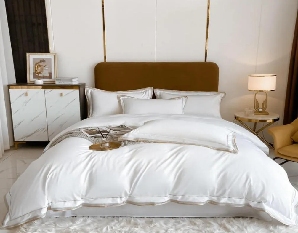 Conjunto de cama bordado de alta qualidade, tamanho king, queen, branco, 4 peças, macio, 1000tc, algodão egito, cor sólida, edredom c6821322