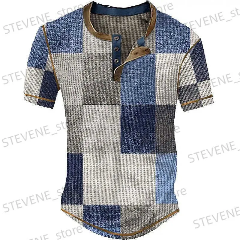 Men's T-Shirts Vintage T-Shirt For Men Cotton T Shirt Plaid Graphic T Printing Short Slve Waffle Henley Shirt Oversized Mens Clothing Tops T240325