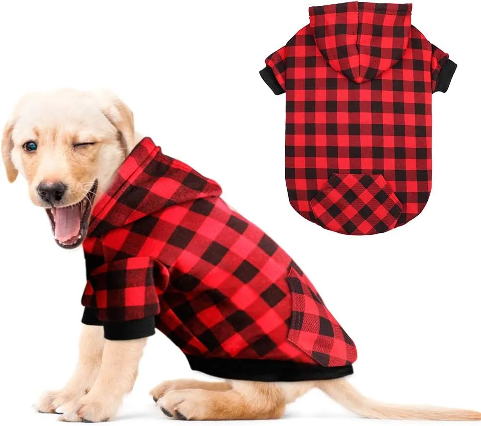 Beinwfyiy Red Plaid Dog Hoodie Sweater for Dogs Pet Cloths مع قبعة وجيب