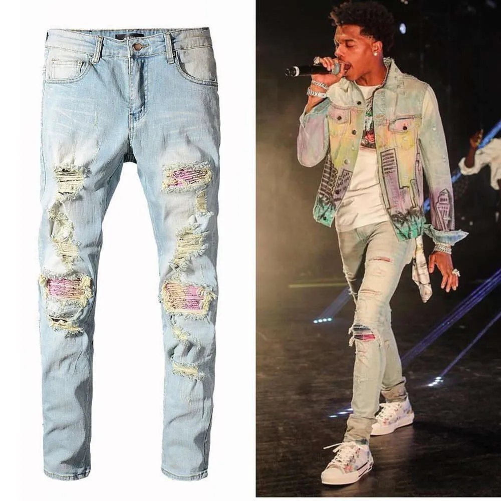Trendy High Street Colored Jeans for Men's Fashion, Non Mainstream Patches, Distressed Elastic Slim Fit INS Casual Pants