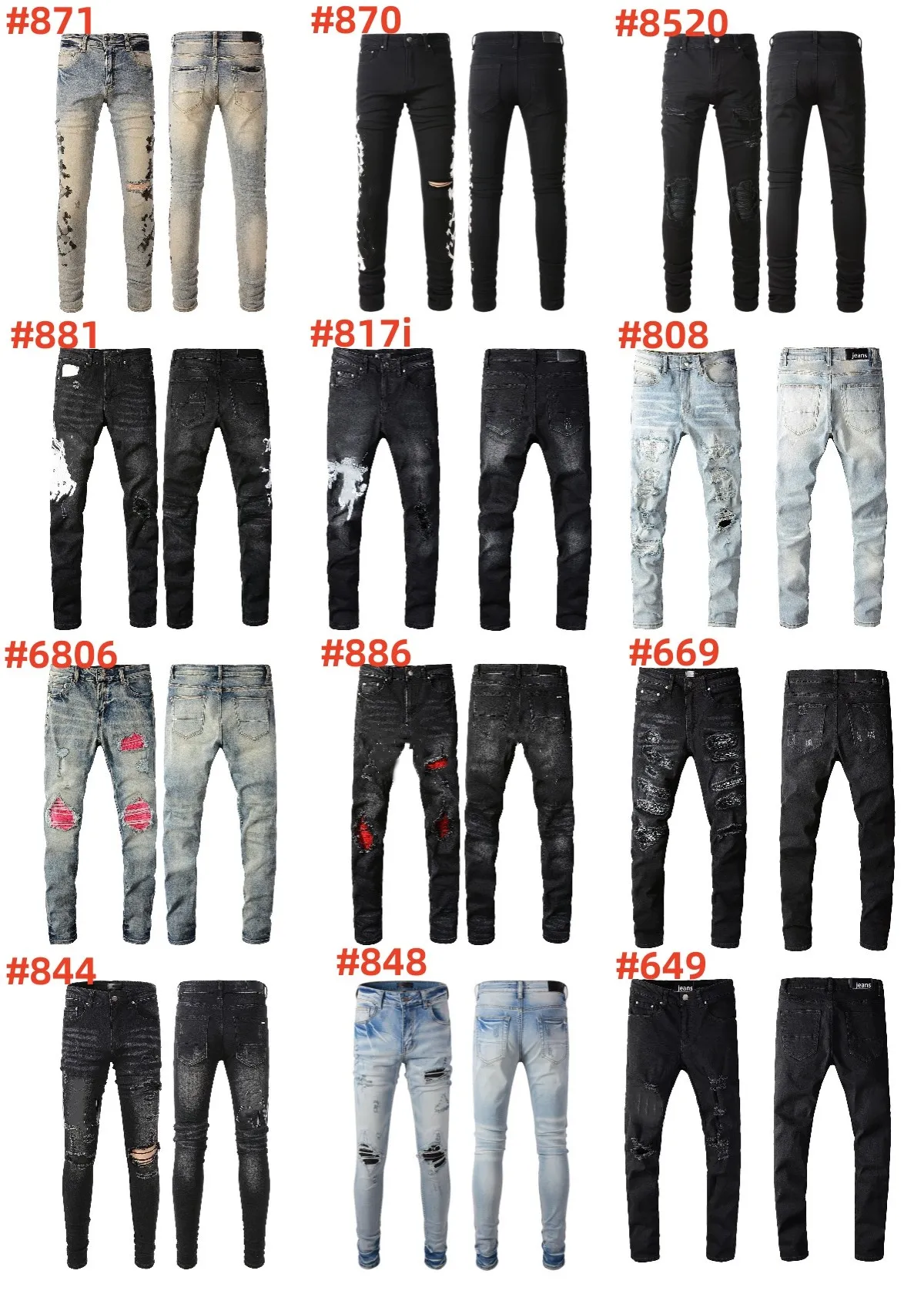 Mode heren gescheurd noodlijdende print borduurgaal jeans mode denim broek #871 870 881 808 817i,