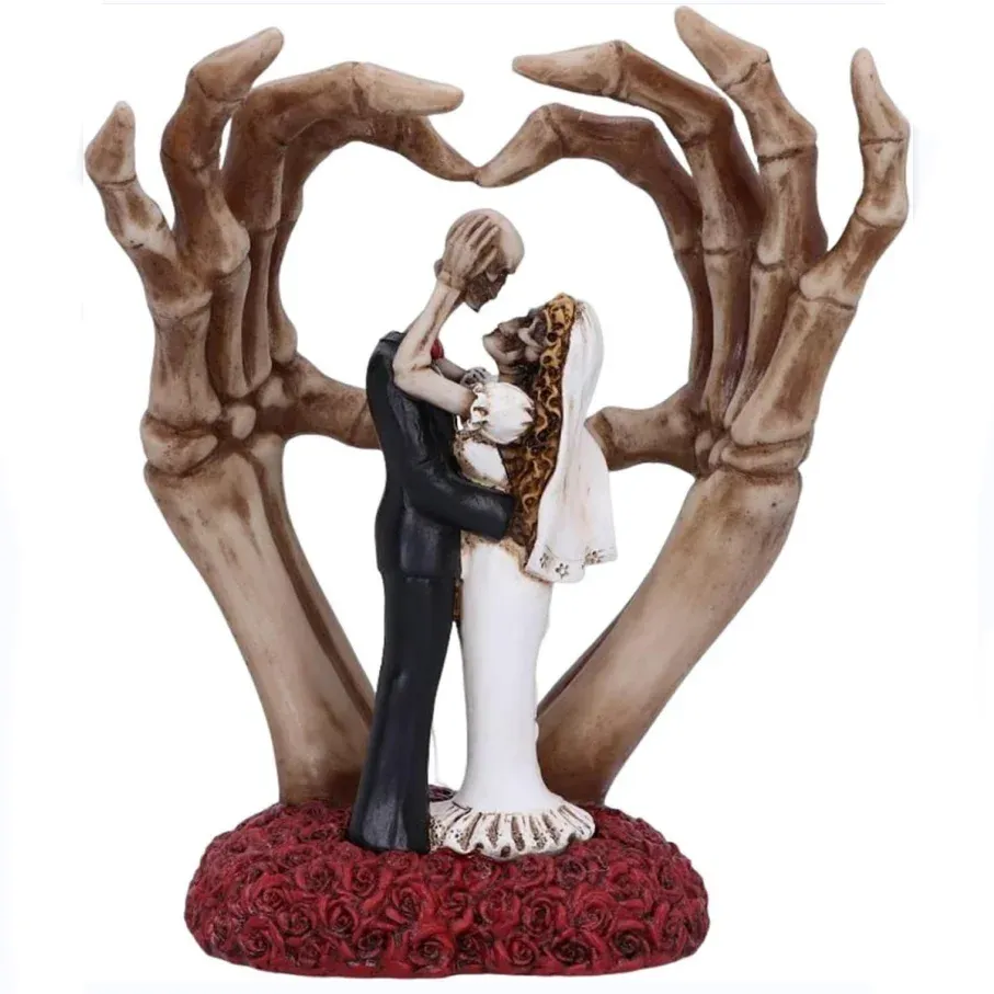 Sculture Statua di coppia di scheletri L'amore non muore mai Sposa e sposo Coppia di scheletri Figurina di matrimonio Resina Spettrale Statua di decorazione di Halloween