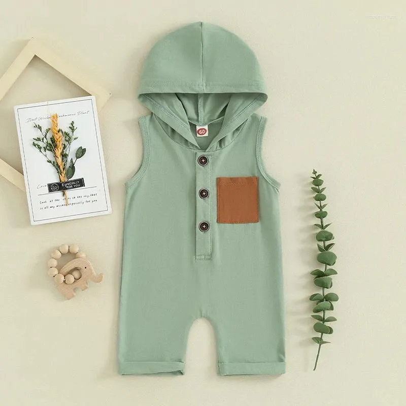 Kleidungssets für geborene Säuglinge, Jungen, Sommerkleidung, einfarbig, ärmellos, Strampler, Kapuzenpullover, Overall, Button-Down-Body, lässiges Outfit