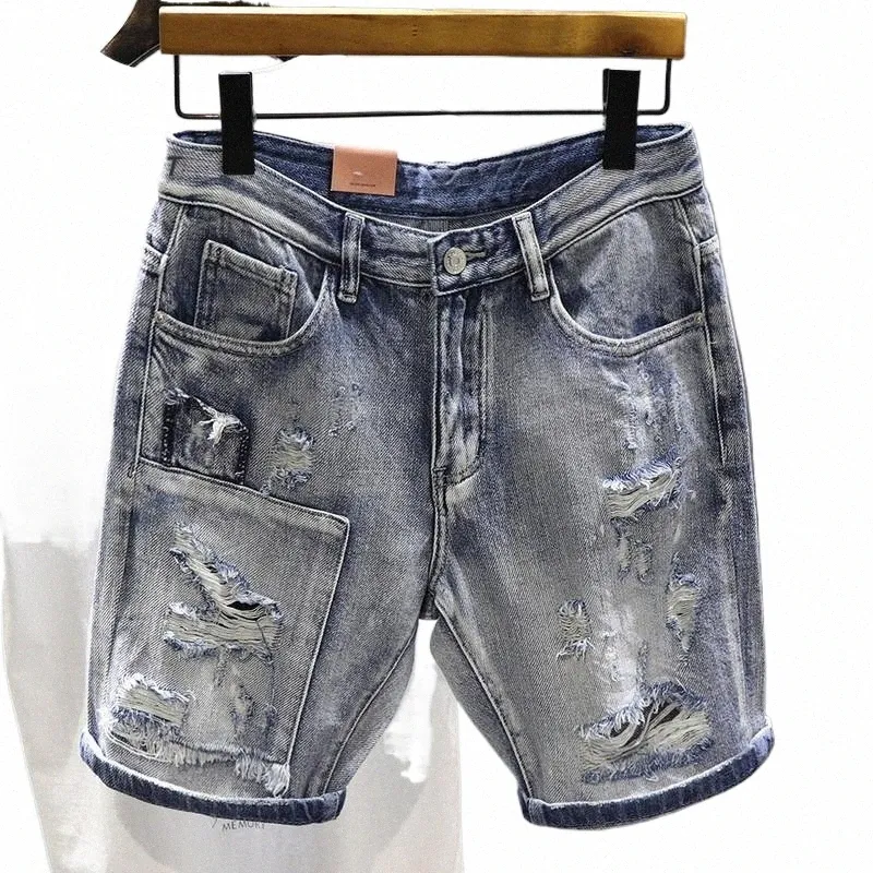 Jasnoniebieskie rozryte letnie dżinsowe szorty uliczne ciężka środa zniszczona szorty Mężczyźni K05D#