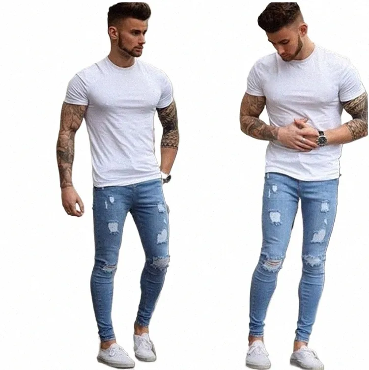 Hommes Jeans Denim Crayon Pantalon Distred Taille Moyenne Gaine Cheville Longueur Zipper Fly Poches Slim Wing High Street 2024 26oi #