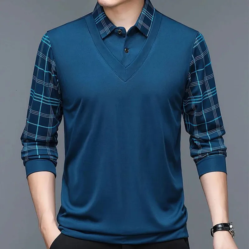 Lente Heren POLO Shirt Met Lange Mouwen Pluche Verdikte Effen Kleur Kraag Plaid Knop Fashion Casual Tops 240319