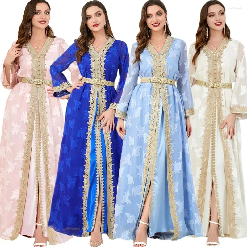 Ubranie etniczne 2PCS Marokańskie kaftan muzułmańskie kobiety wieczorne sukienka imprezowa Zestaw Islamski Eid Ramadan Dubaj Turcja Abaya Jalabiya Caftan Srain