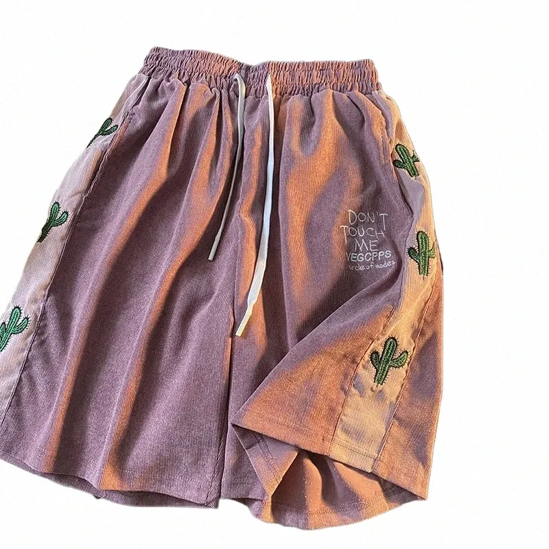 Gmiixder Shorts Vintage Masculino Preppy Letter Embroid Corduroy Shorts Japonês Harajuku Meia Calça Unissex Calças Esportivas Emendadas D0r9 #