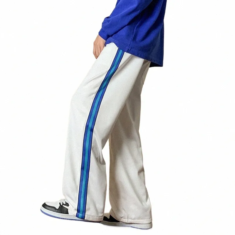 Białe Sports Casual Spodnie męskie pasek dzianinowy amerykański luźne dzianiny szerokie nogi spodnie Spring Street Proste spodnie Joggers Men D7di#
