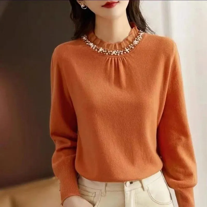 Chandails pour femmes Automne Dentelle Clouté Tricoté Bas Pull Femmes Pull À Manches Longues Lâche Tout-Match Casual Tricots Femme Jumper Tops