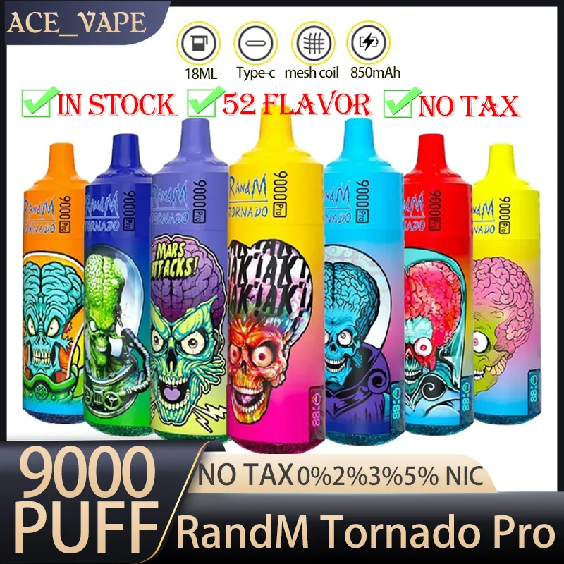 Совершенно новый Randm Fumot Tornado 9000 Pro Puffs 9K одноразовый Vape 0,8 Ом сетчатой катушка 18 мл батареи Pod Регаментируемые E Сигареты RGB Light 48 Фаровые аккумулятор