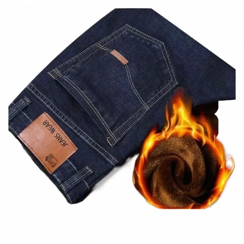 Herbst und Winter Herren Jeans Neue Plus Fleece Warme Gerade Bein Retro Social Busin Hosen Klassische Casual Alltag Hause Hosen P7XC #