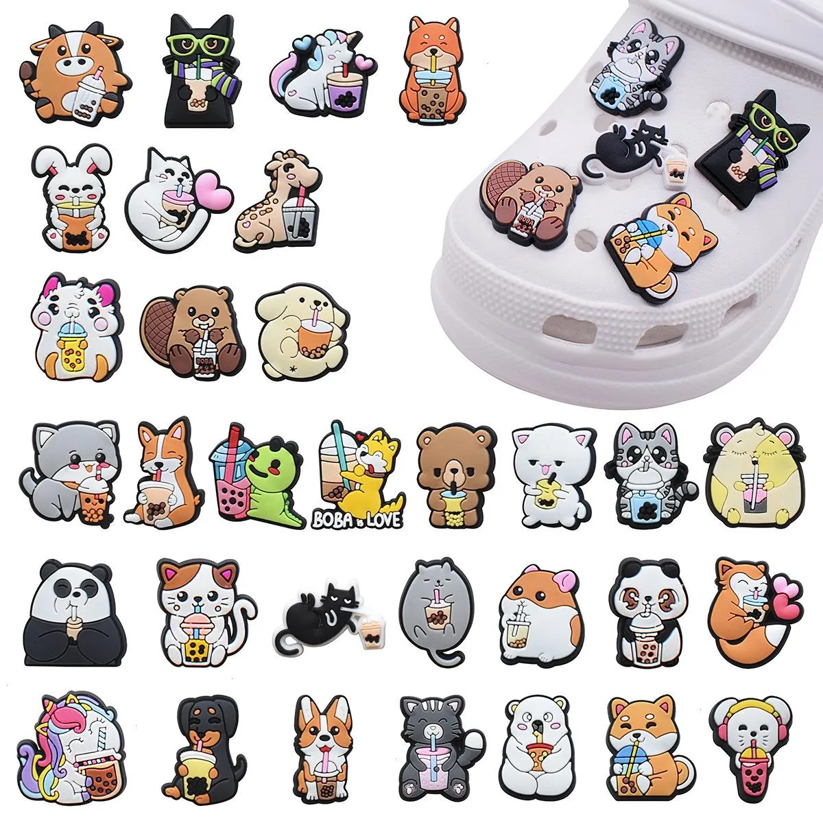 32 kleuren melktheedieren anime charmes groothandel jeugdherinneringen grappige cadeau cartoon charmes schoenaccessoires pvc decoratie gesp soft rubber klog charmes