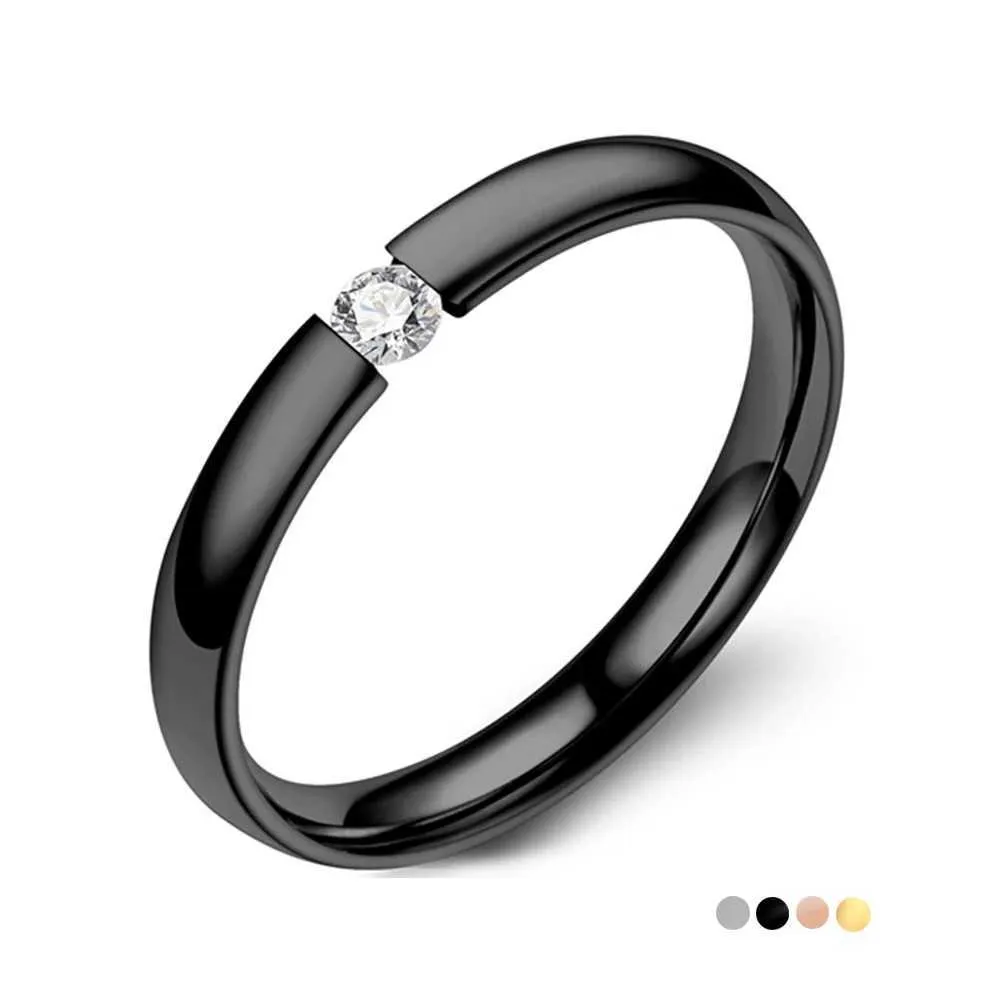 Anillos de banda Anillo de acero inoxidable de lujo de 2 mm con incrustaciones de circonita para hombre Anillo de compromiso de boda Regalo del día de San Valentín para mujer Anillo apilable J240326