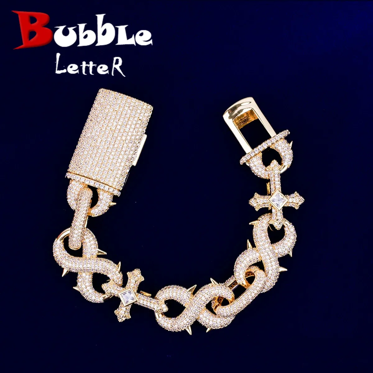 Bubble Lettre Prong Cross Infinity Bracelet Lien Cubain pour Femmes Deux Tons Zircon Cubique Glacé Charmes Hip Hop Bijoux 240323