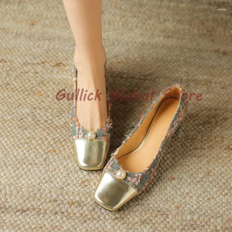 Dress 610 Spring 2024 Shoes Style Elegant Genuine Leather Square Toe Shallow Pumps Pearl Decoration Summer Party Women Soft 90142