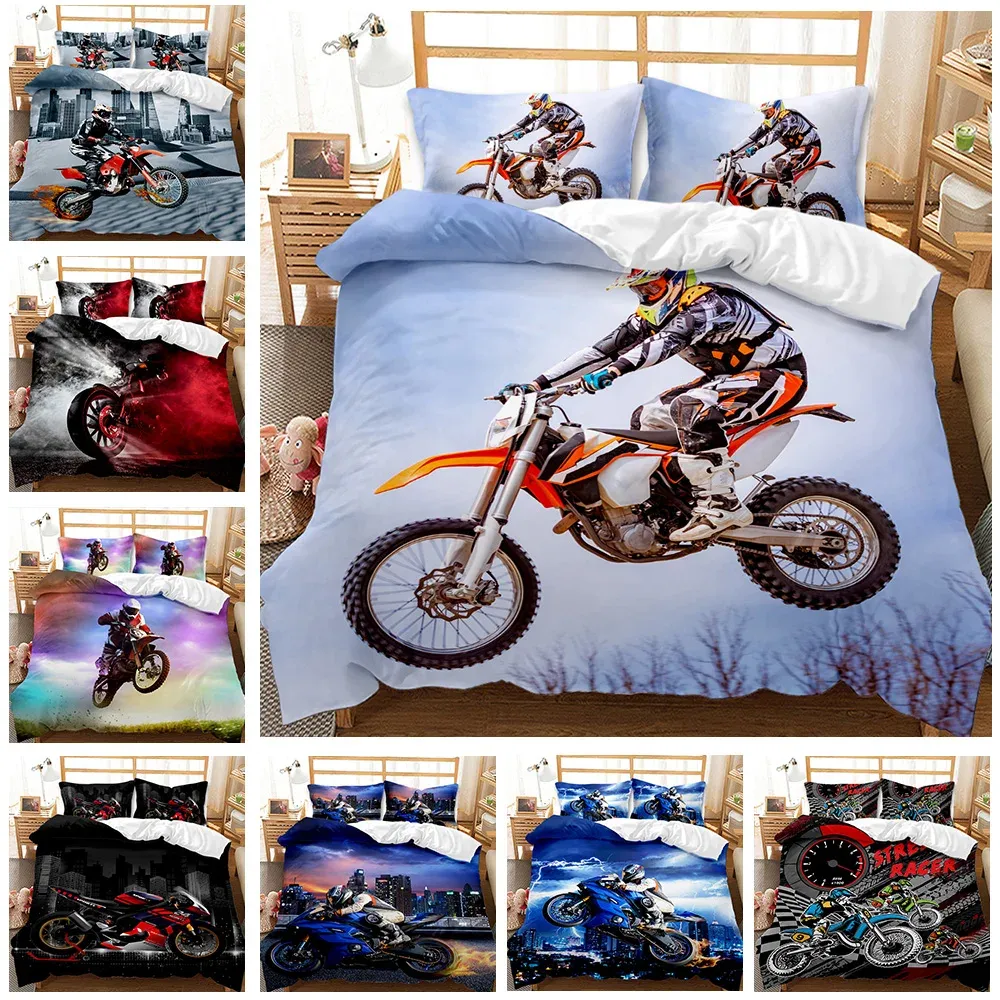 Sets Dirt Bike Bettwäsche Sets Motocross Racer Duvet Cover Set 3 -teilige Jungen Tröster -Cover -Set, Kinder Extreme Sports Style Bettwäsche Set