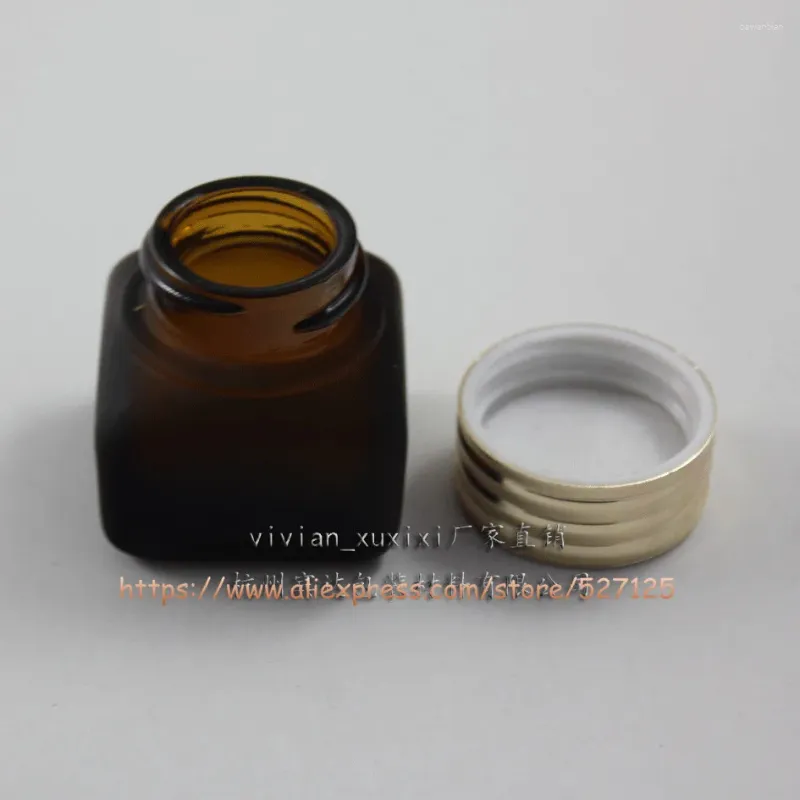 Förvaringsflaskor 15g fyrkantig brun frostad (naturlig) glasburk med aluminiumlock för ögonkräm/maskkräm/ansiktskräm/mini/provbehållare