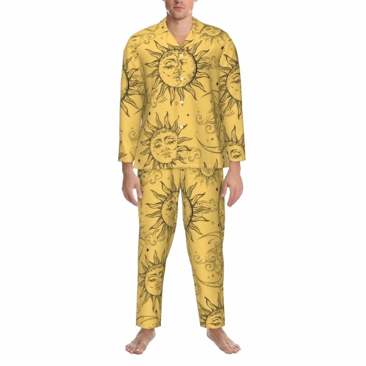 Vintage Céleste Soleil Pyjama Ensembles Automne Jaune Magique Mo Étoiles Nuit Douce Nuit 2 Pièces Casual Lâche Surdimensionné Vêtements De Nuit t2cn #