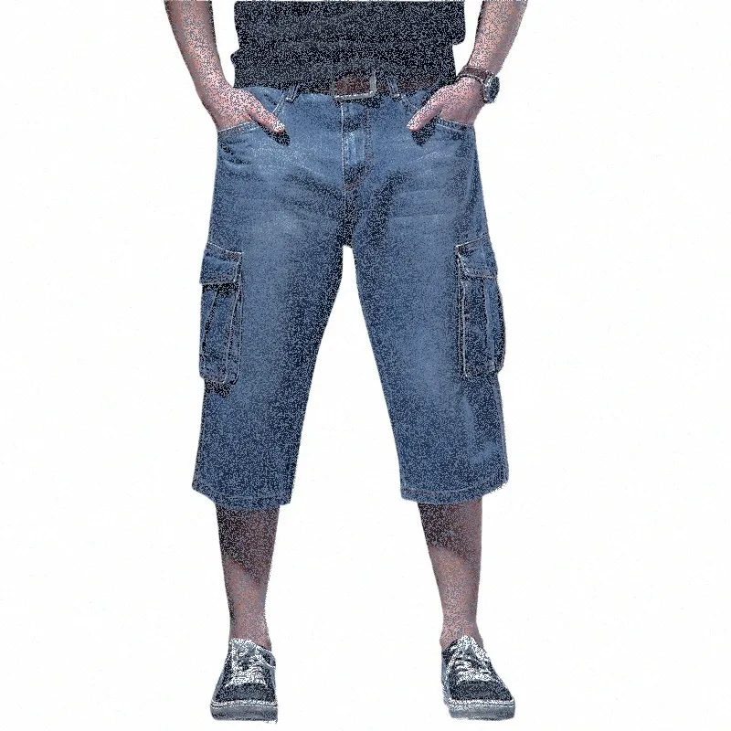 Mäns Summer Loose Fit last kort jeans med stora fickor baggy casual arbete denim shorts ons blå stor storlek o2gu#