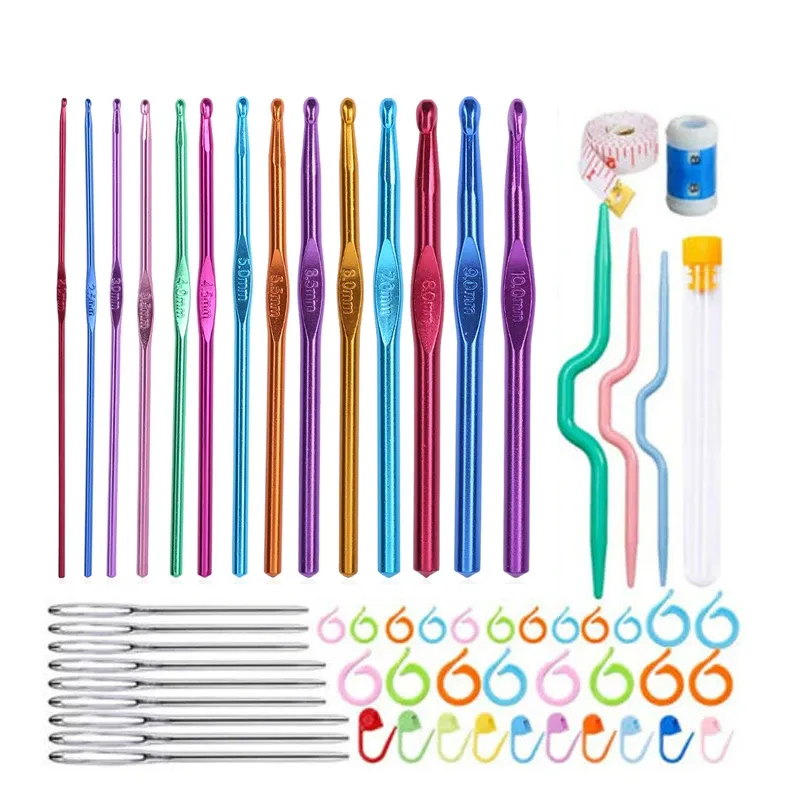 Knitting Nonvor 59 Pcs 0.070.39 Inch Aluminum Crochet Needle Accessories Kit Large Eye Blunt Needles Marking Clips Tools for Yarn Craft