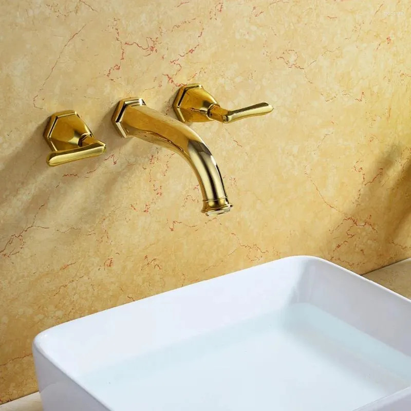 Robinets d'évier de salle de bains, livraison gratuite, finition dorée, montage mural, lavabo largement répandu de 8 pouces, robinet mitigeur à 3 trous