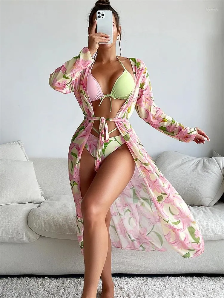 Kvinnors badkläder Bikini Kvinnor Swimsuit 2024 Solid Print Halter Bikinis Set Sexig Thong Summer Long Sleeve Beach Bathing Suit Female