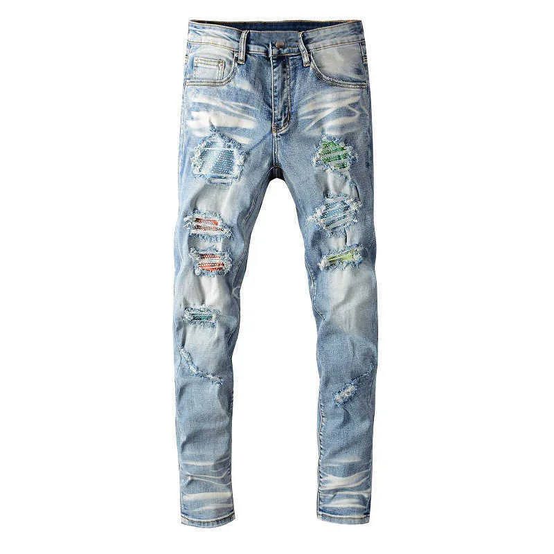 Trendamiri 656 Trendy merk kleurrijke elastische warmgeboorde gebroken jeans High Street slanke bedelaar