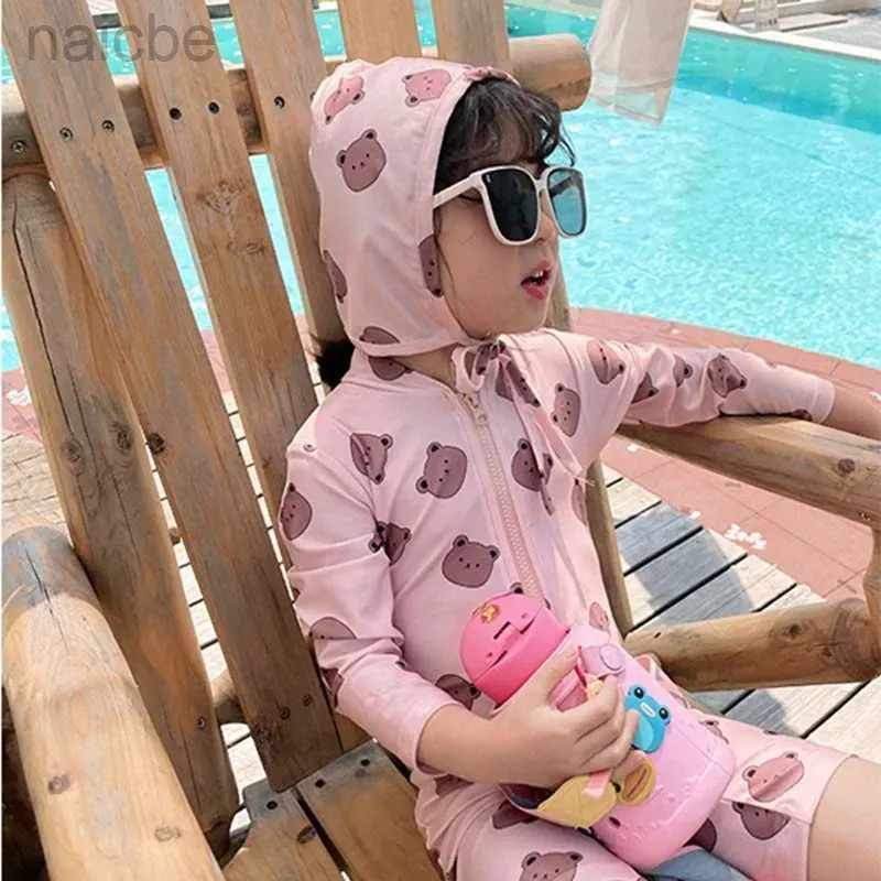 One-Pieces Childrens One Piece Swimsuit Baby Girls Boys Long Sleeve Sunscreen Cartoon Bear Surfing Suit Kids Swimwear Toddler Bathing Suit 24327