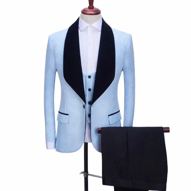 3 Pcs Set Suit Jacket Vest Pants / Men Casual Boutique Wedding Dark Pattern Big Black Collar Blazers Coat Trousers Waistcoat V7Eh#