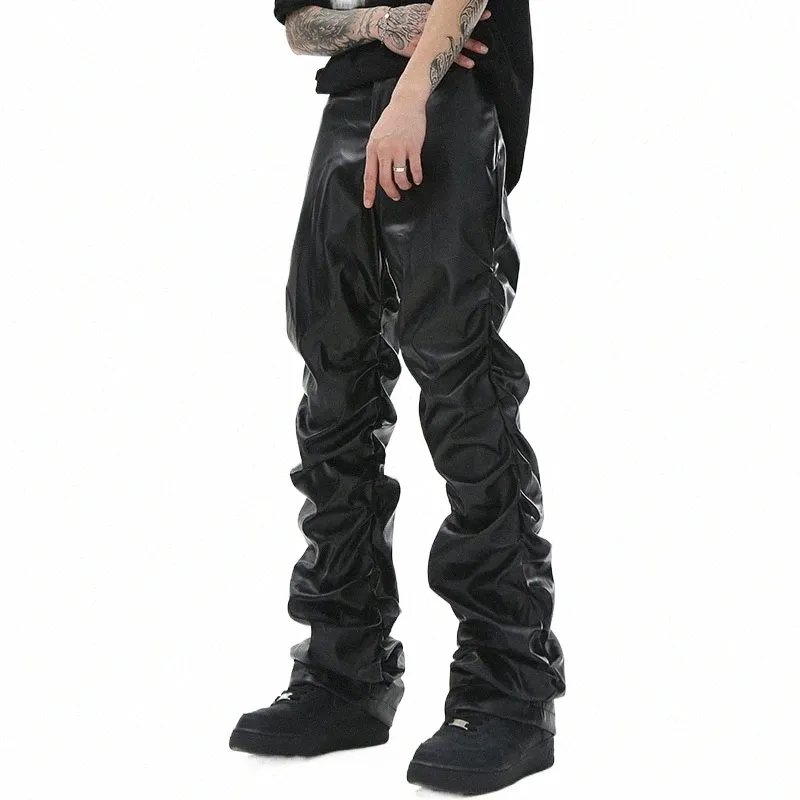 hip Hop Mens Pleated Pu Leather Pants Harajuku Retro Streetwear Loose Ruched Casual Trousers Straight Solid Color Black Pants C23Z#