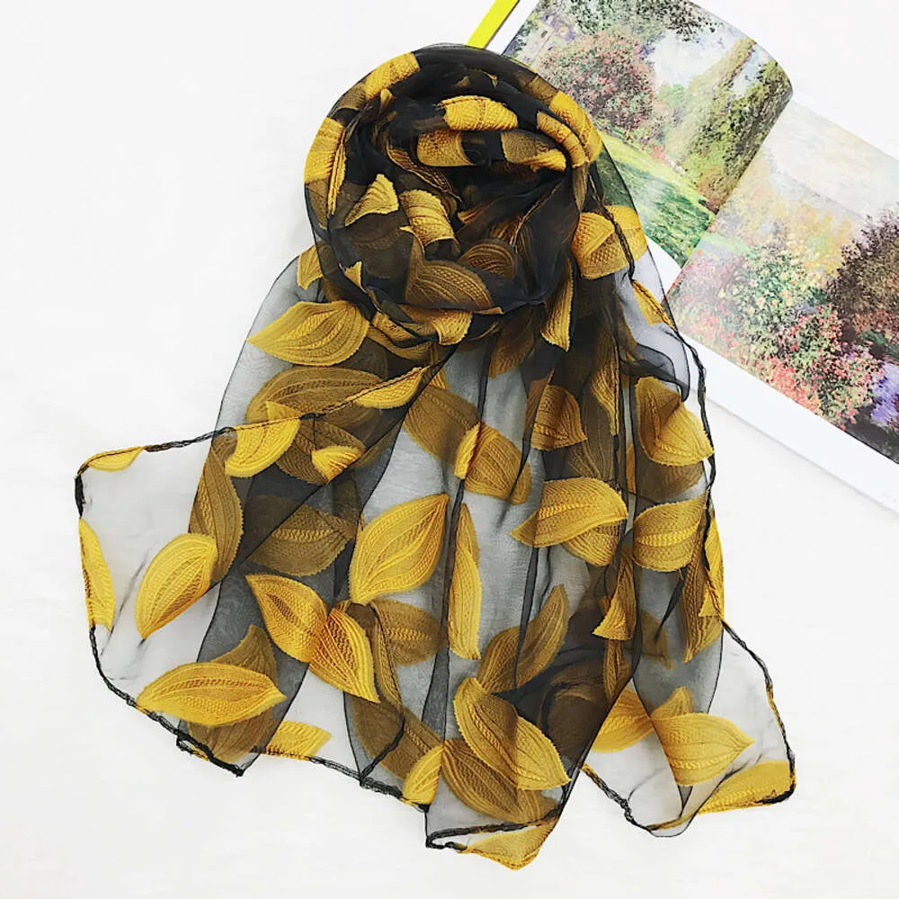 Модный прозрачный кружевной шарф с вышивкой в виде листьев, женский пляжный шаль из искусственного шелка