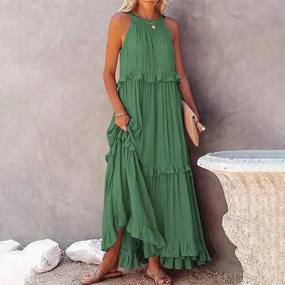 Mode été robe longue ample femmes décontracté élégant à volants licou sans manches femme tenues de fête plage Maxi vert 240318