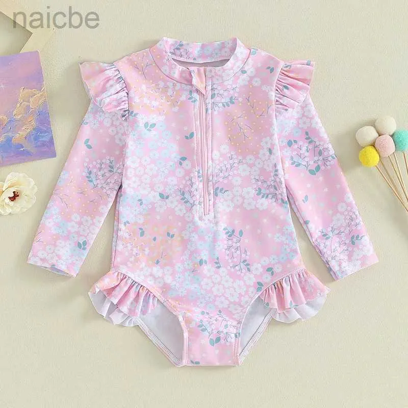 One-Pieces Baby Girl Swimsuits Summer Ruffle Floral Print Long Sleeves Zipper Jumpsuit Beachwear for Toddler Bathing Suits 24327