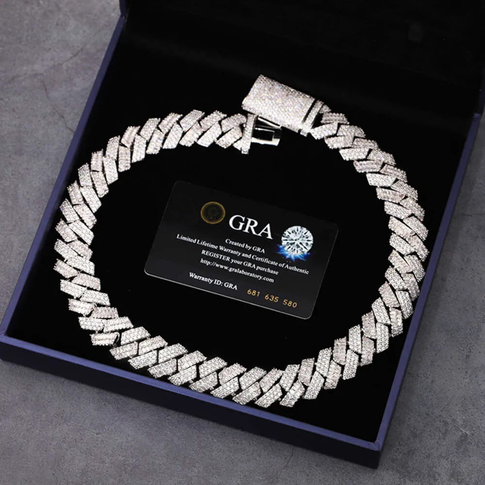 Jewelry Gold Plated Solid Sier Baguette And Round Moissanite Diamond Cuban Link Chain With GRA Certificate