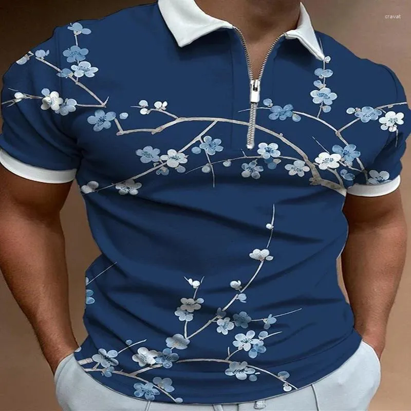 Herrpolos färgglada tryckpolo blixtlås Skjorta för män hawaiian 3d tryck kort ärm sommar