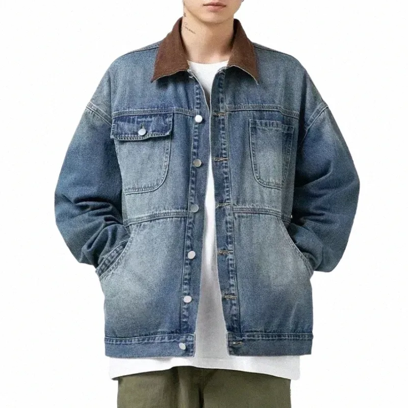 versátil japonês Wed Denim Jacket Men New Vintage Corduroy Patchwork Design Masculino Primavera Outono Casaco Jaqueta Top Roupas s7kA #