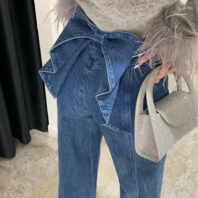 Kadın Kot Vintage Moda Bows Geniş Bacak Düz 2024 İlkbahar Yaz Modaya Ürünler Yüksek Bel Denim Pantolon Kadın