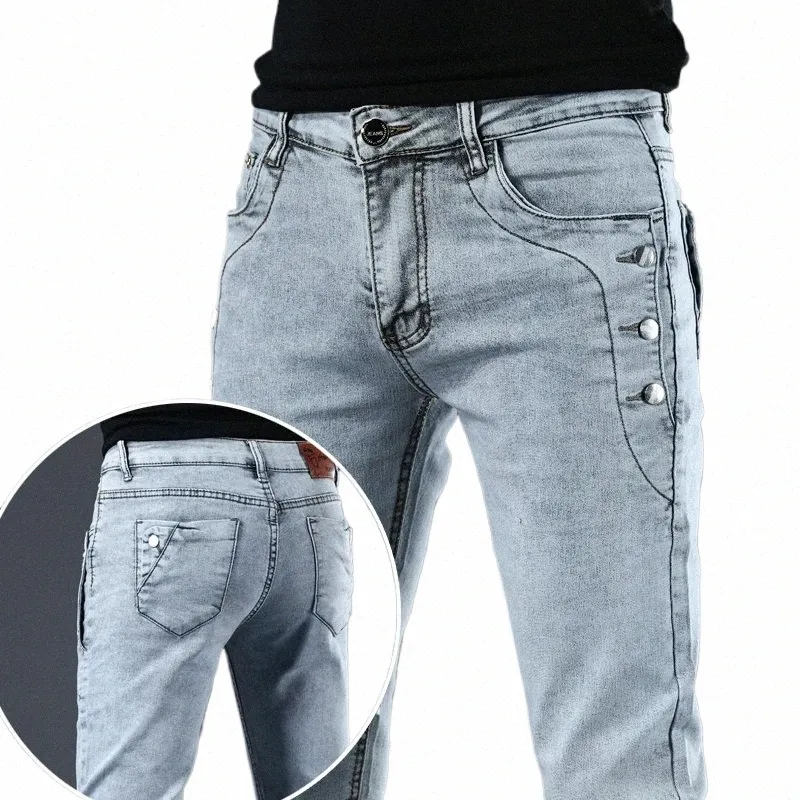 fi Merk Butt Pocket Mannen Jeans Stretch Casual Slim Skinny Cott Lichtblauw Donkergrijs Designer Mannelijke Denim Broek n0no #