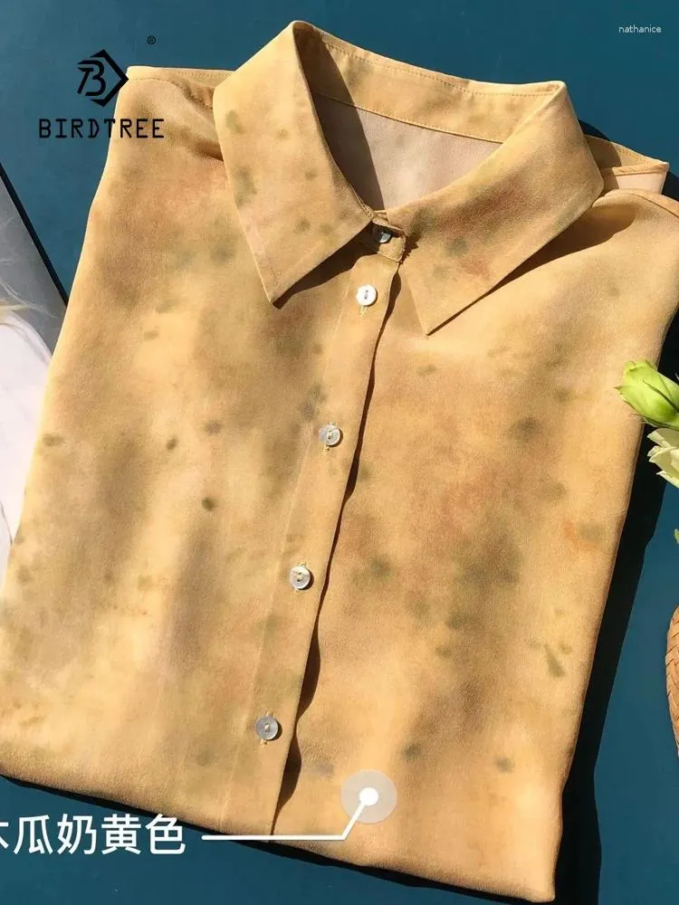 Женские блузки BirdTree, женская рубашка с отворотами и принтом песочного цвета, элегантная рубашка из натурального шелка с принтом, 18 мм, весна 2024, свободный нежный топ T41606QC