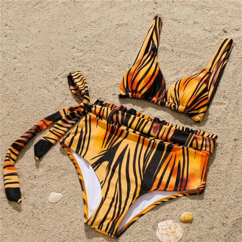 Women's Swimwear Sexy Print Bikini High Waisted Sash Ruched Bandage Swimsuit Women Two-Pieces Brazilian Beach Thong Bikinis Bathing Suit