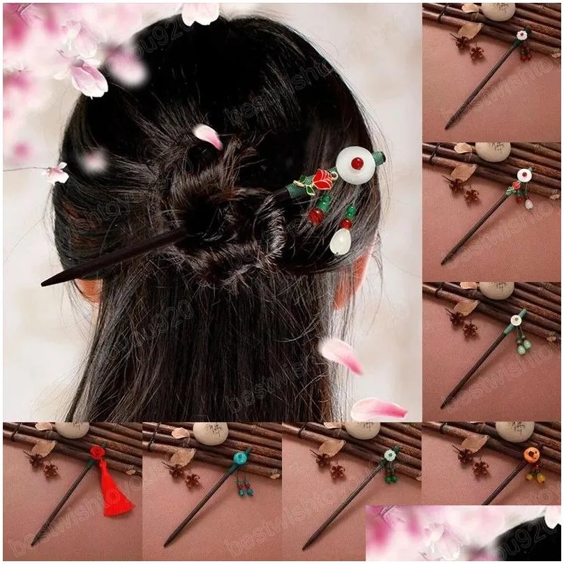 Épingles à cheveux Mode Vintage Bâtons de cheveux en bois Longs Glands Fourches de fleurs Style chinois Épingle à cheveux à la main Rétro Accessoires de mariée Drop Deli Otnvh