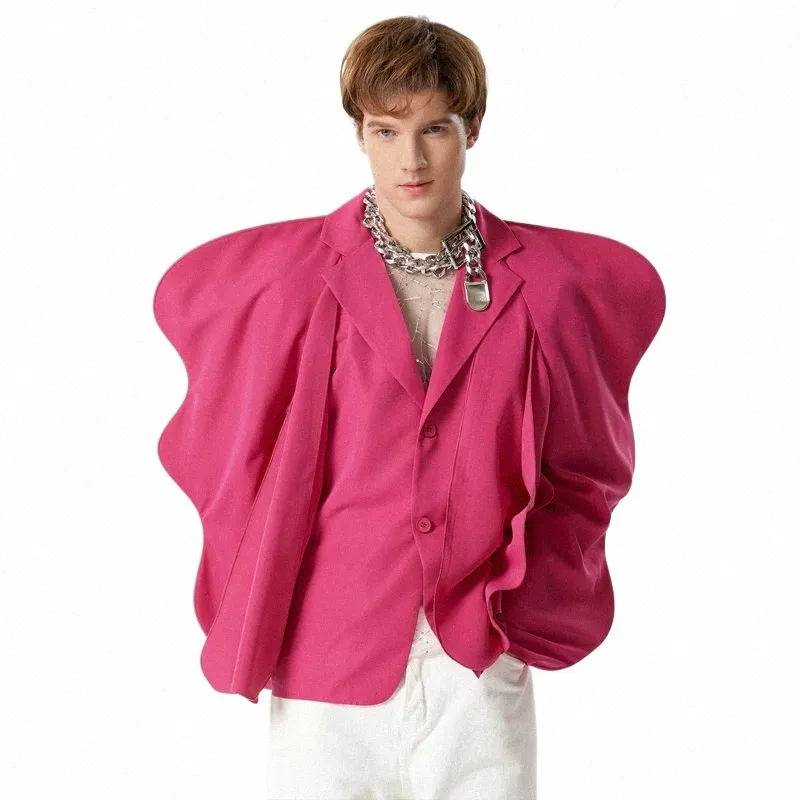 men Irregular Blazer Solid Ruffle Lapel Lg Sleeve Loose Butt Suits Men Streetwear 2023 Fi Casual Coats S-5XL INCERUN 72XO#