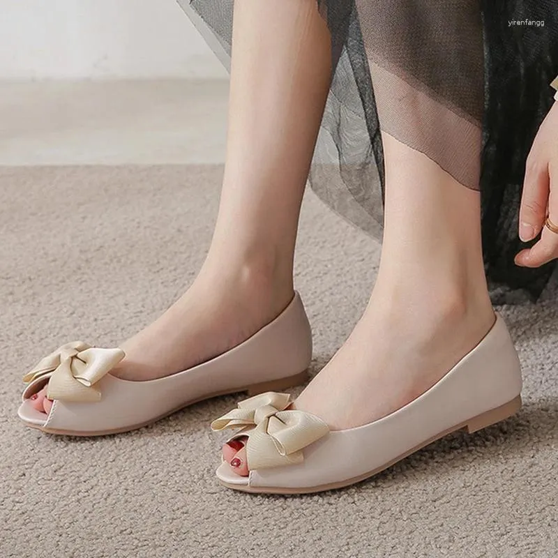 Casual Shoes Flat Bottomed Bean Sole For Women Fish Mouth Mom's Leaky Toe Bow Tie Size